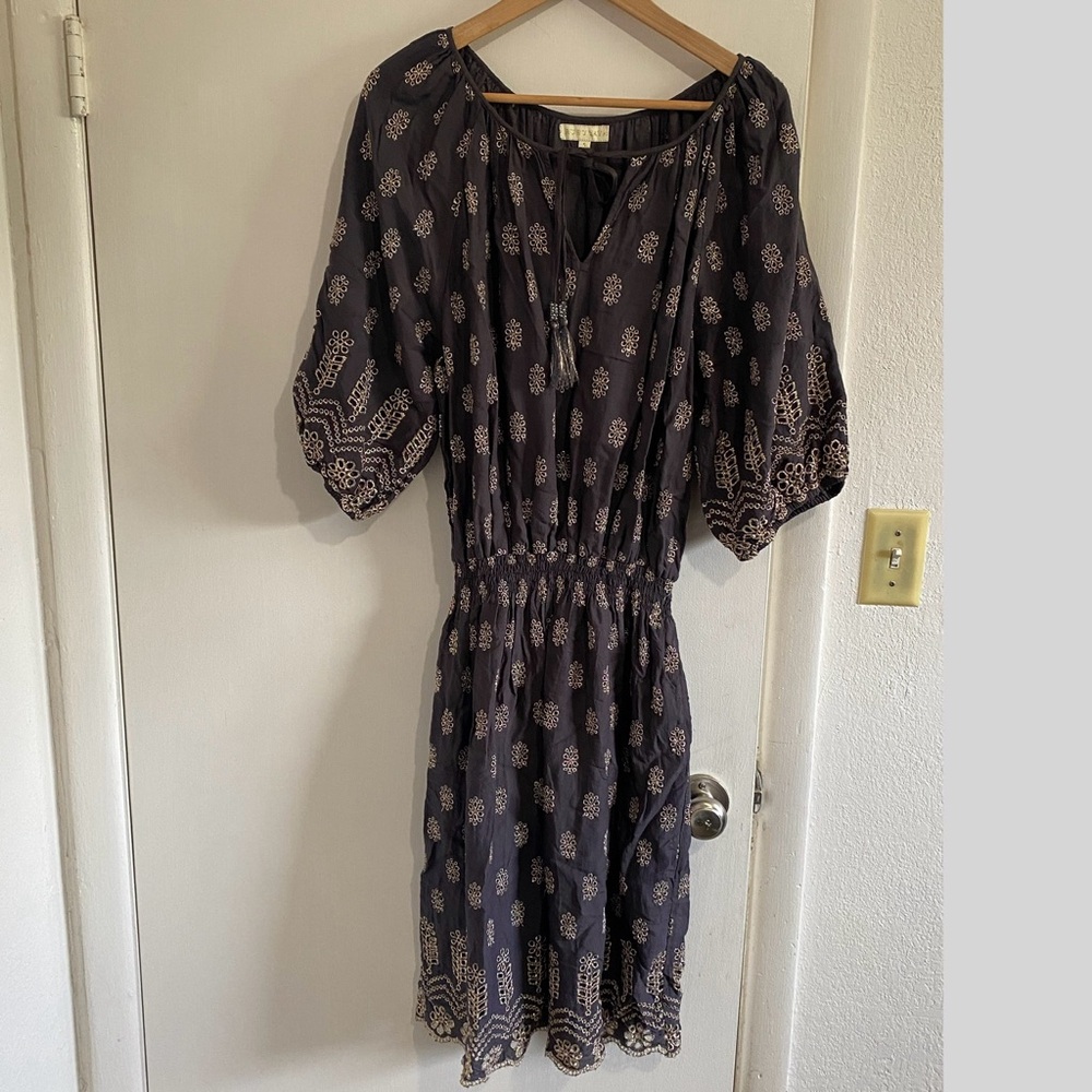 Ruby Yaya Black Gold Embroidered Boho Dress Women’s Small Peasant Tassel Preppy‎